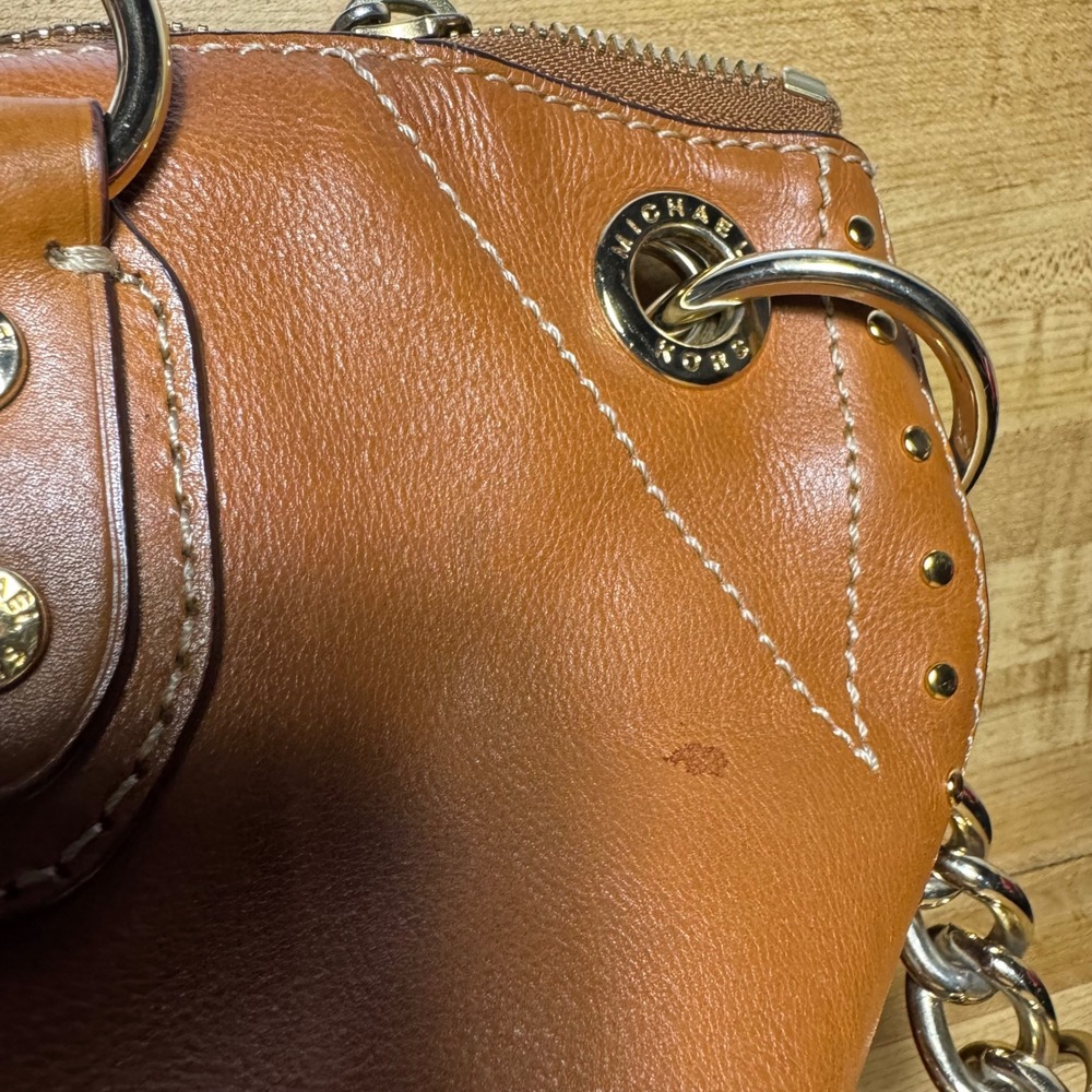Michael Kors Uptown Astor Brown Leather Studded Satchel Bag Gold Chain Strap - Picture 7 of 8